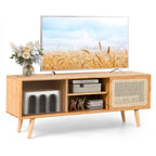 Bamboo Entertainment Center with Rattan and Tempered Glass Sliding Doors