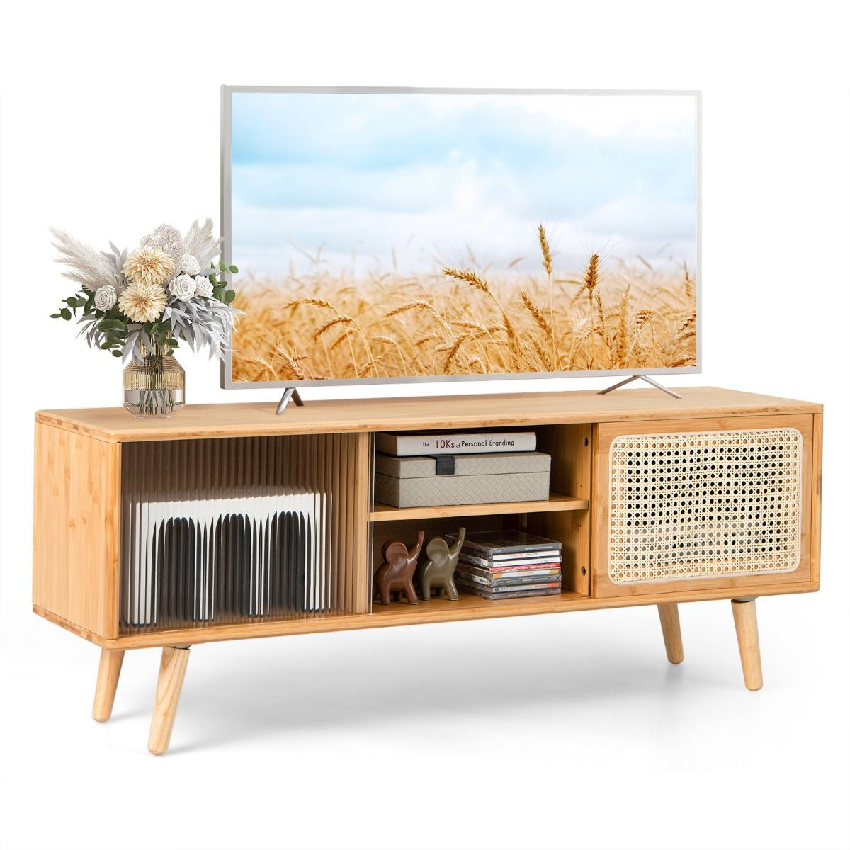 Bamboo Entertainment Center with Rattan and Tempered Glass Sliding Doors