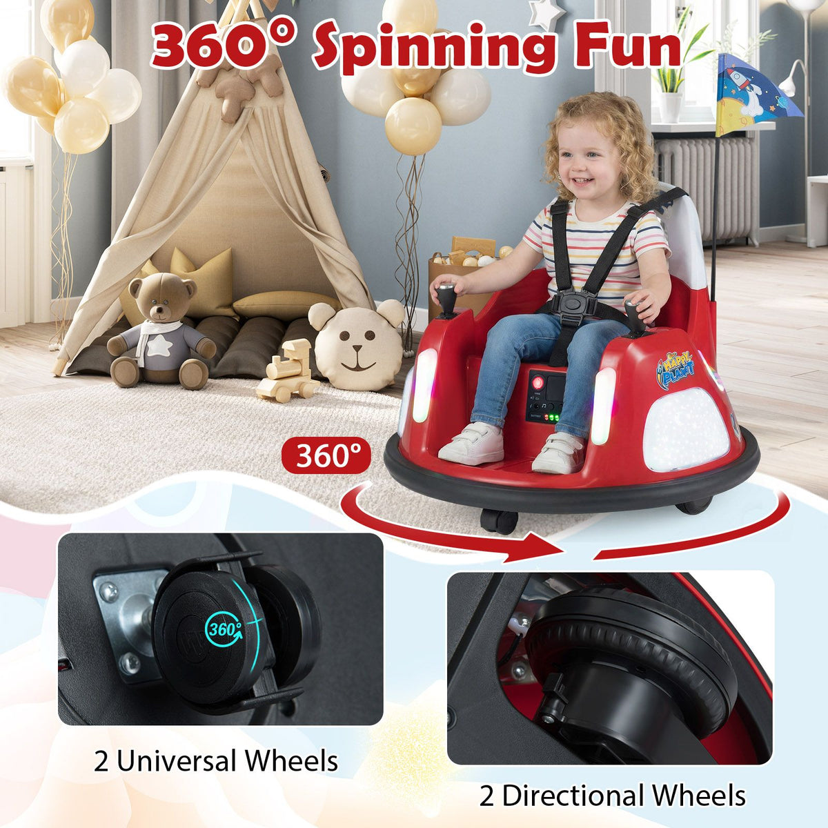 SEDOL 12V High-Performance Kids Bumper Car with 5-Point Safety Harness 360° Zero-Turn Dual Joysticks Parental Remote Control and 5-Mode LED Light Show