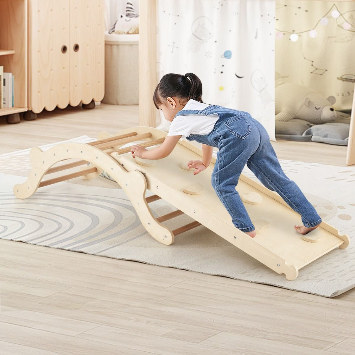 3-in-1 Wooden Climber Arch with Ramp & Rocker – Indoor Toddler Playset