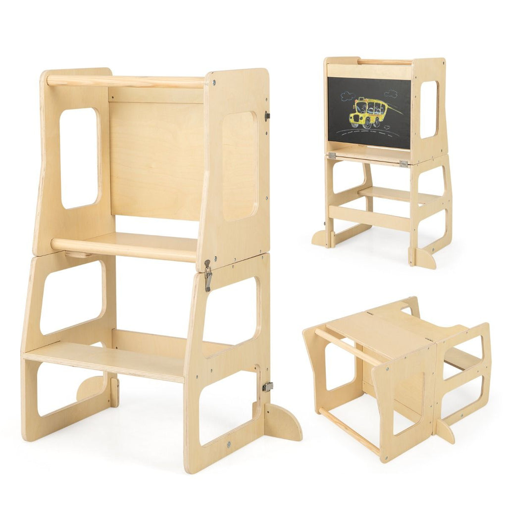 SEDOL 3-in-1 Montessori Convertible Learning Tower & Weaning Table with Integrated Chalkboard – Solid Wood Foldable Kitchen Helper Stool with A-Frame Stability – 60kg Capacity