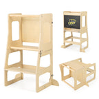 SEDOL 3-in-1 Montessori Convertible Learning Tower & Weaning Table with Integrated Chalkboard – Solid Wood Foldable Kitchen Helper Stool with A-Frame Stability – 60kg Capacity