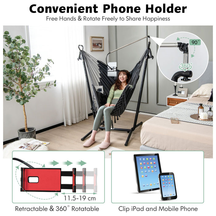 Hammock Chair with Stand – Adjustable Height, Phone Holder & Boho Tassels