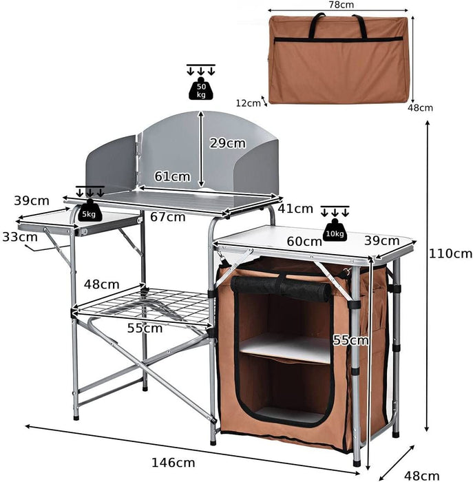 Camping Kitchen Table with Storage & Windscreen – Folding BBQ & Prep Station