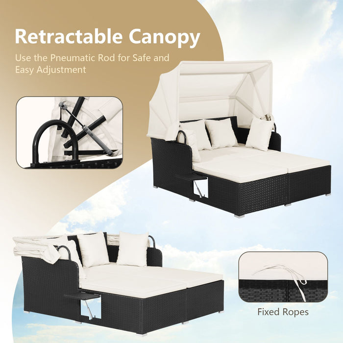 Rattan Daybed with Retractable Canopy, Cushions & Side Trays