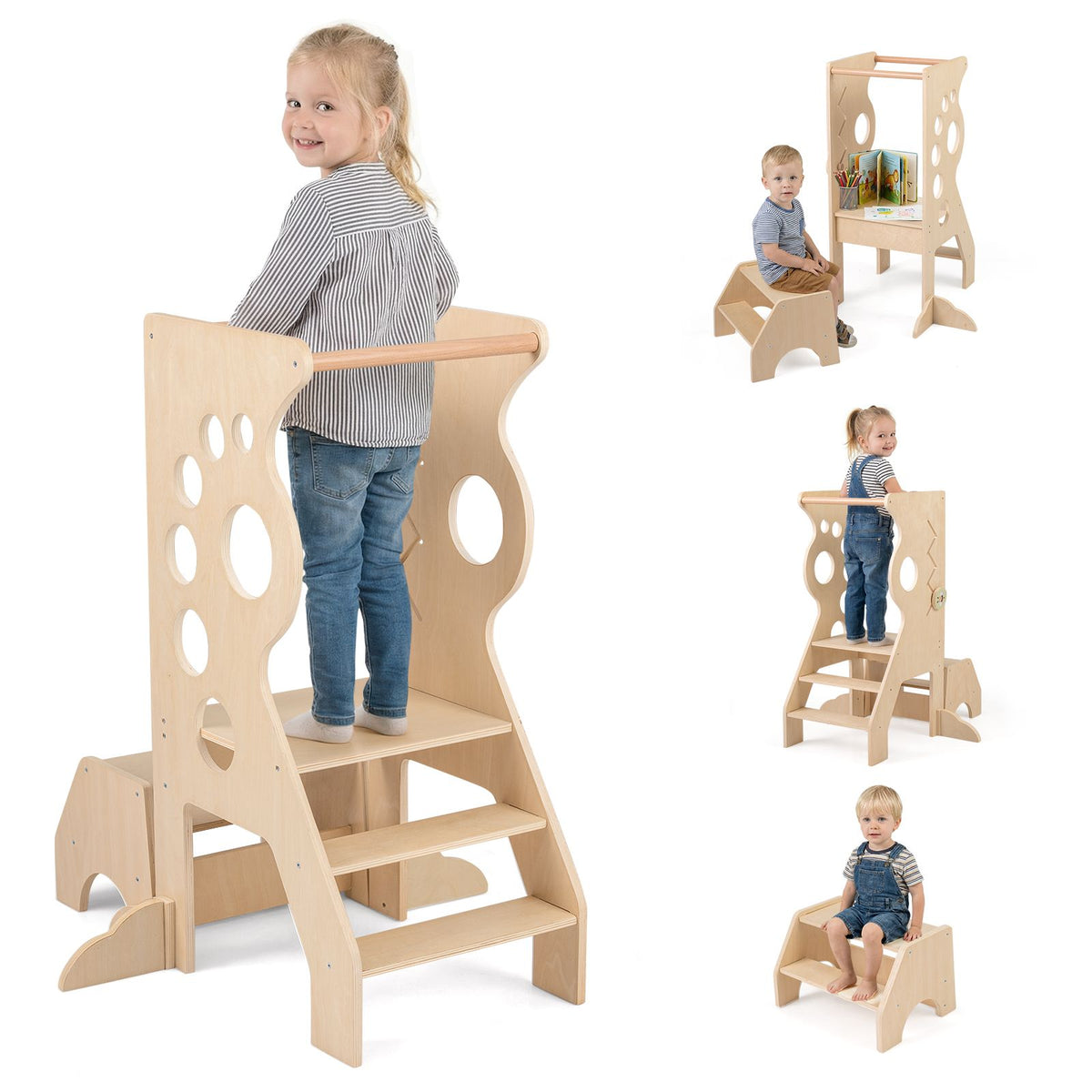 SEDOL 2-in-1 Montessori Convertible Learning Tower & Weaning Table Set with Nested 2-Step Stool, Removable Safety Bars and Integrated Line-Tracking Game