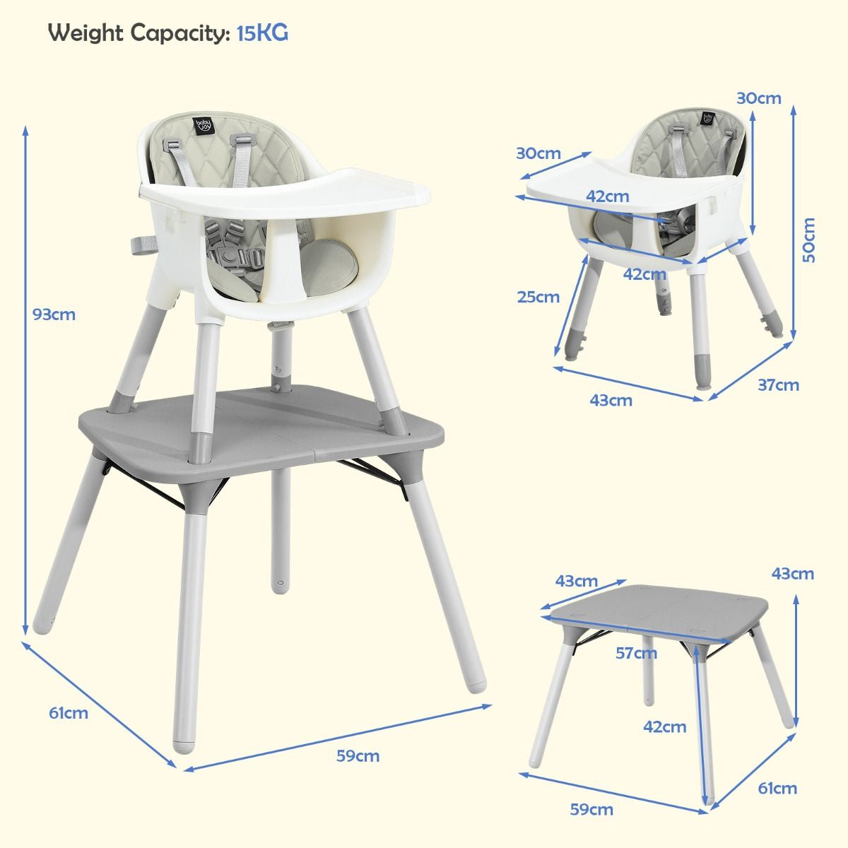 SEDOL 5-in-1 Convertible Baby High Chair & Independent Play Table Set with 5-Point Safety Harness 2-Position Removable Tray and Waterproof Easy-Clean Cushion