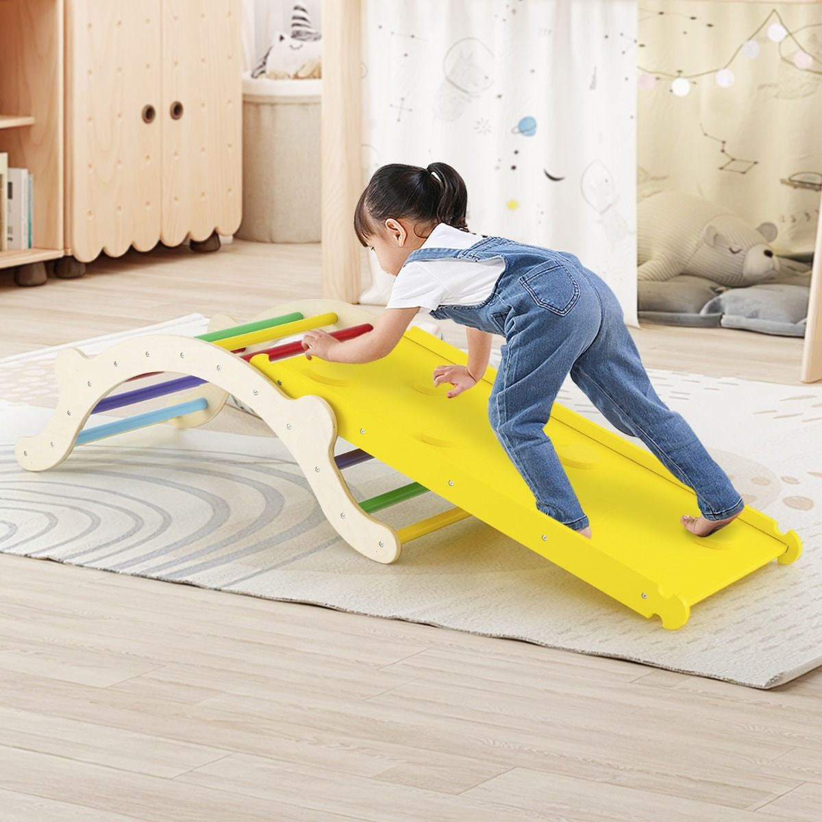 3-in-1 Wooden Climber Arch with Ramp & Rocker – Indoor Toddler Playset