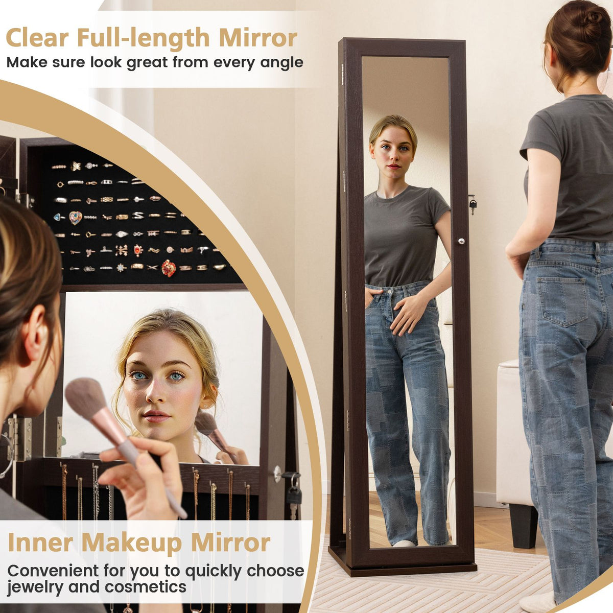 3-In-1 Mirrored Jewellery Armoire with Display Shelves