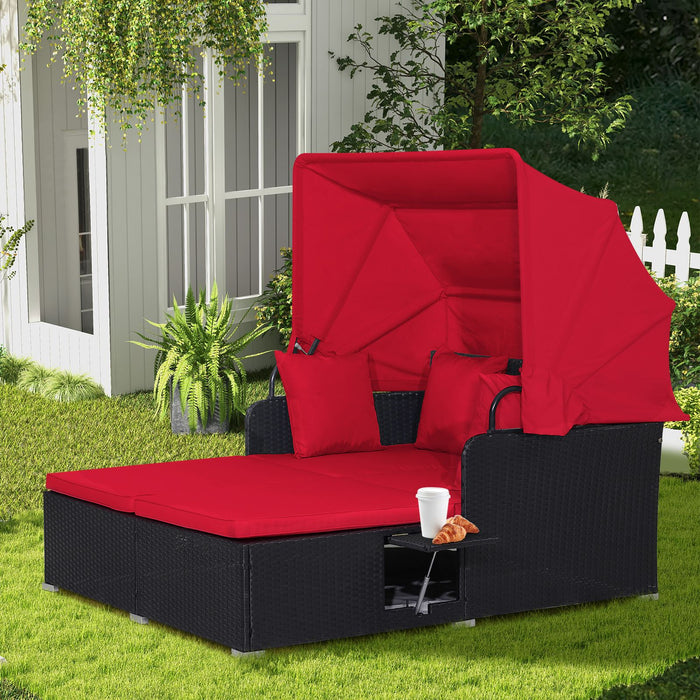 Rattan Daybed with Retractable Canopy, Cushions & Side Trays