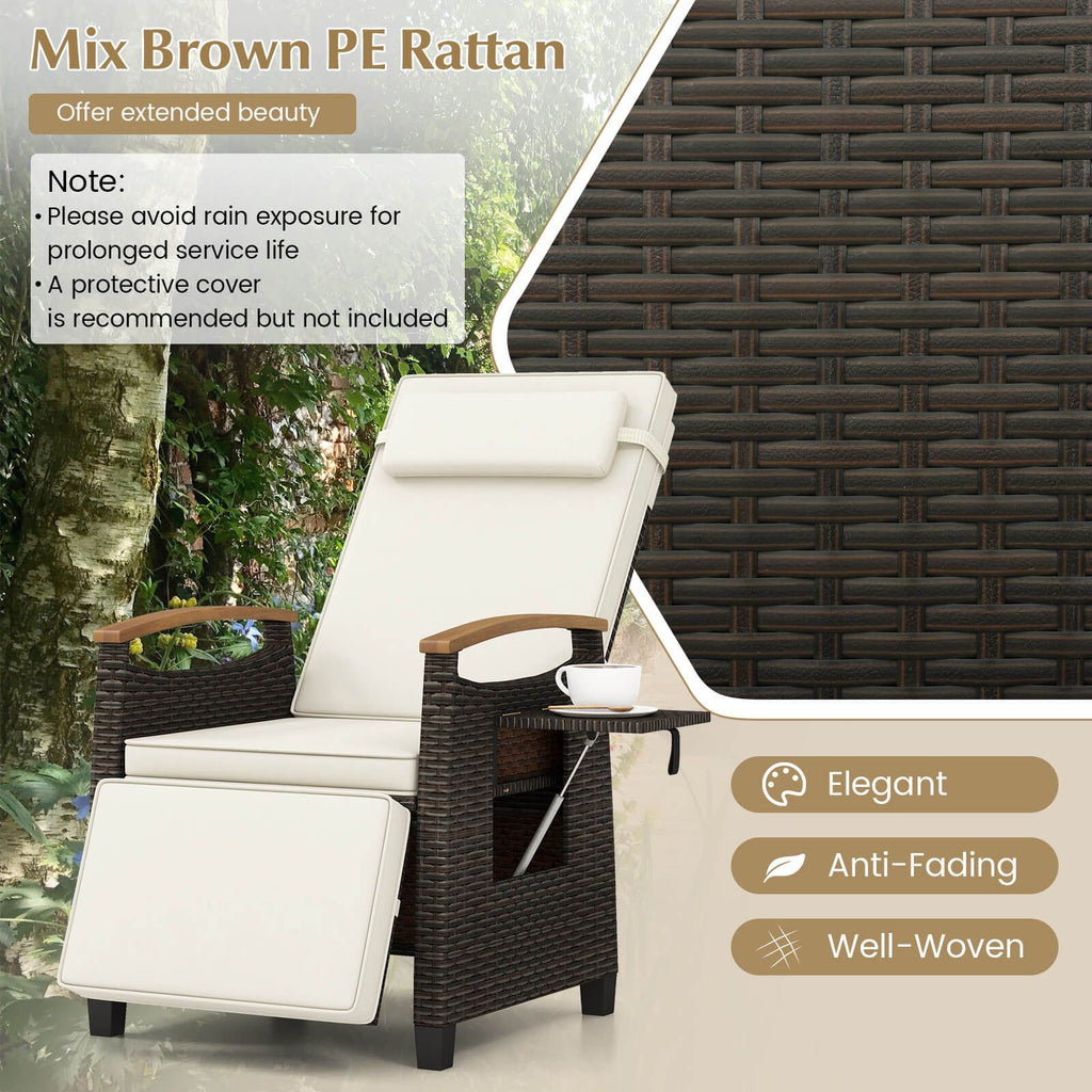 Patio Rattan Recliner Chair with Adjustable Backrest, Footrest & Flip Side Table