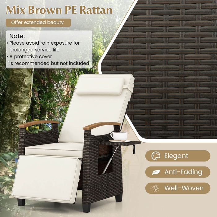 Patio Rattan Recliner Chair with Adjustable Backrest, Footrest & Flip Side Table