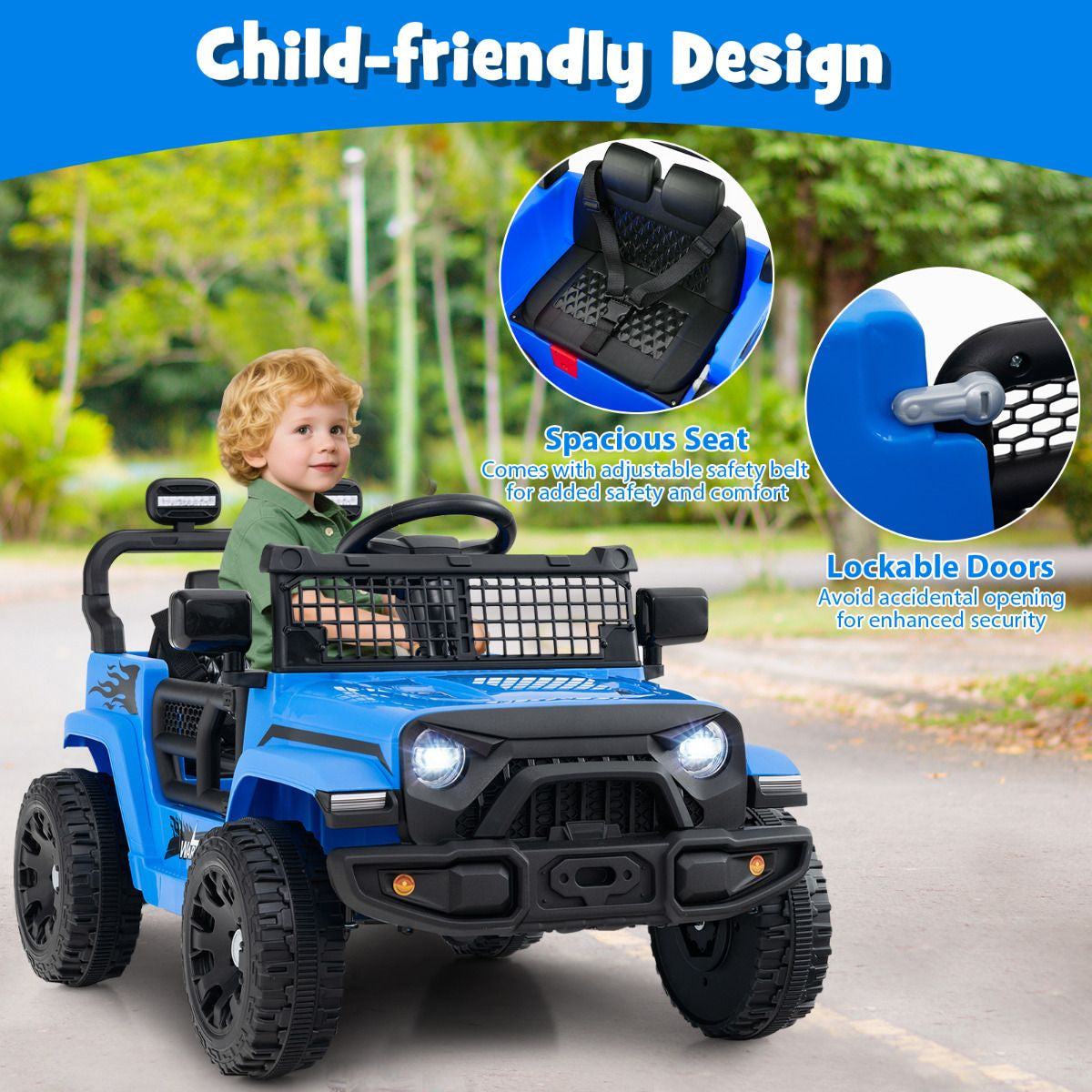 SEDOL 12V Electric Ride-On Truck for Kids with Parental Remote Control Dual 25W Motors All-Terrain Shock Absorbers LED Headlights and Soft-Start Safety System