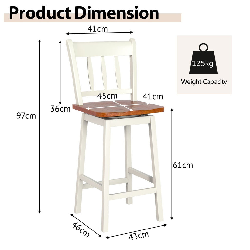 Set of 2 97Cm Swivel Rubber Wood Bar Stools with Backrest and Footrest