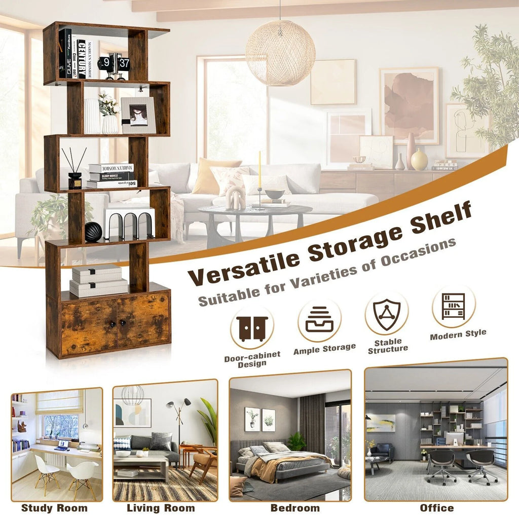 Industrial S-Shaped 5-Tier Bookcase with Cabinet