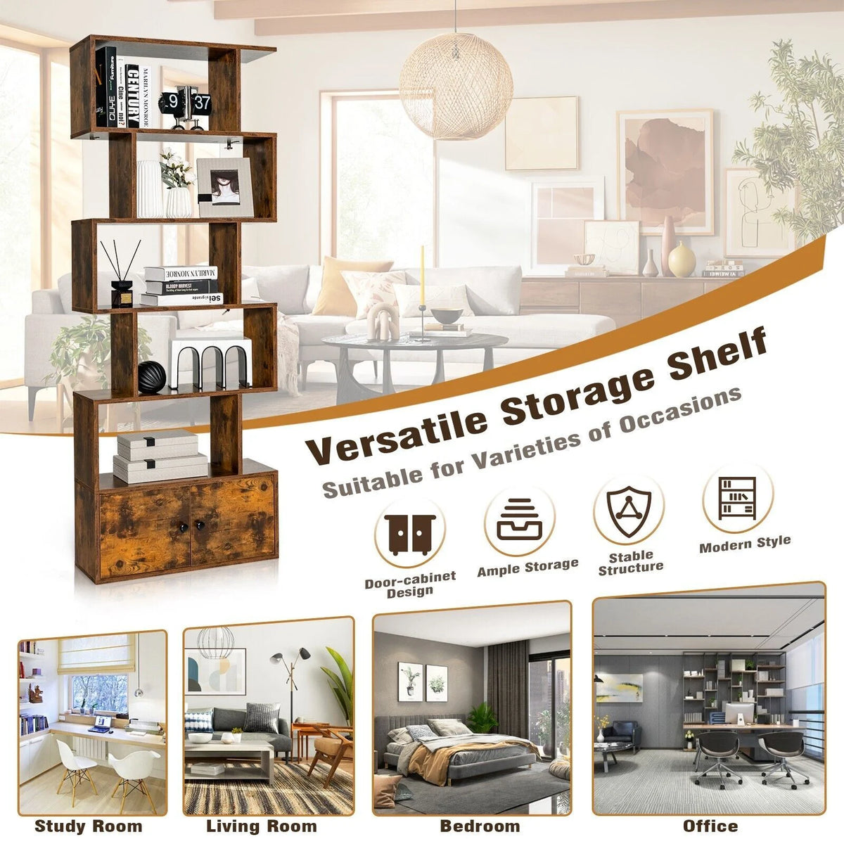 Industrial S-Shaped 5-Tier Bookcase with Cabinet