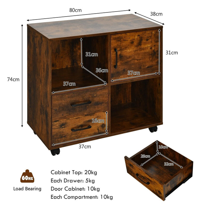 Home Office Mobile File Cabinet with 2 Drawers 2 Open Shelves and Door