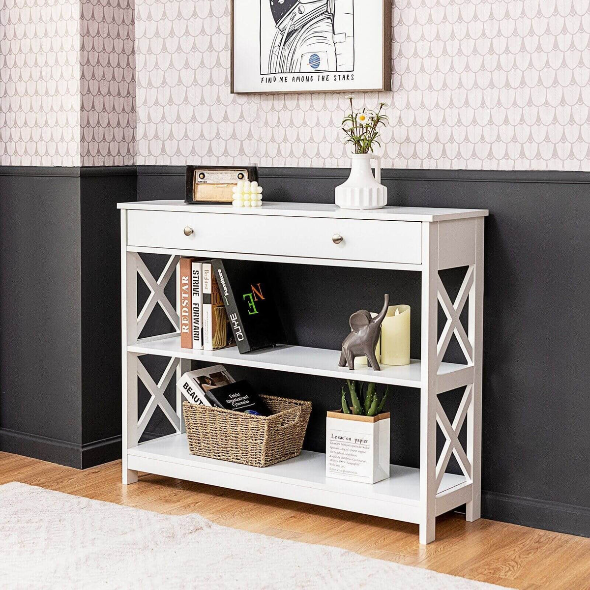 3-Tier Console Table with 1 Drawer and 2 Storage Shelves