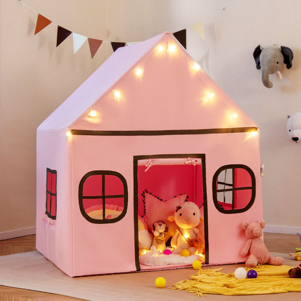 SEDOL Large Indoor Kids Playhouse with Plush Coral Velvet Mat and LED Star Lights Breathable Cotton-Blend Play Tent with Storage Pockets for Reading and Napping