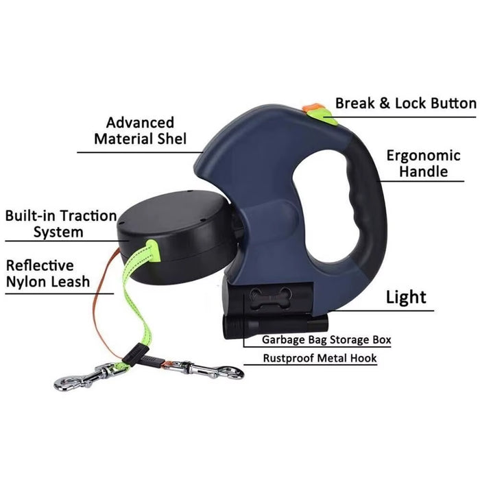 SEDOL 360° Dual Retractable Dog Leash – 3M Swivel Anti-Tangle Extendable Lead with LED Light & Lock for Walking 2 Dogs, Heavy Duty Double Pet Leash