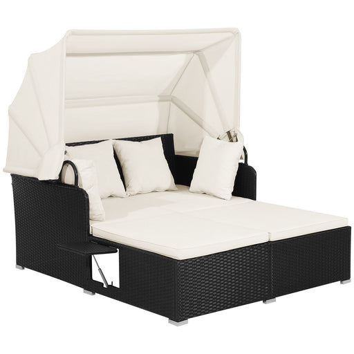 Rattan Daybed with Retractable Canopy, Cushions & Side Trays