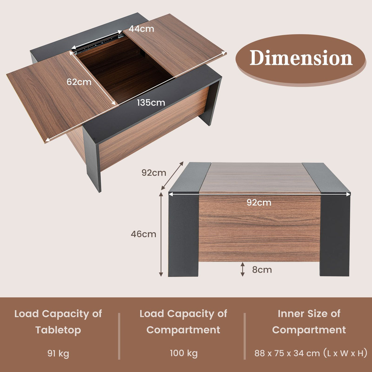 92Cm Square Coffee Table with Sliding Top and Hidden Compartment