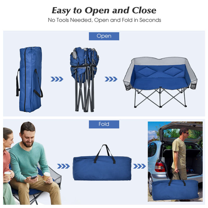 Double Folding Camping Chair with Padded Seat and Storage Pockets