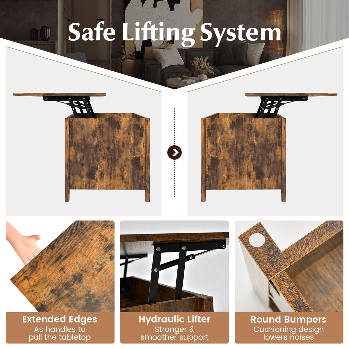Rising Center Table with Lift Top Hidden Compartment