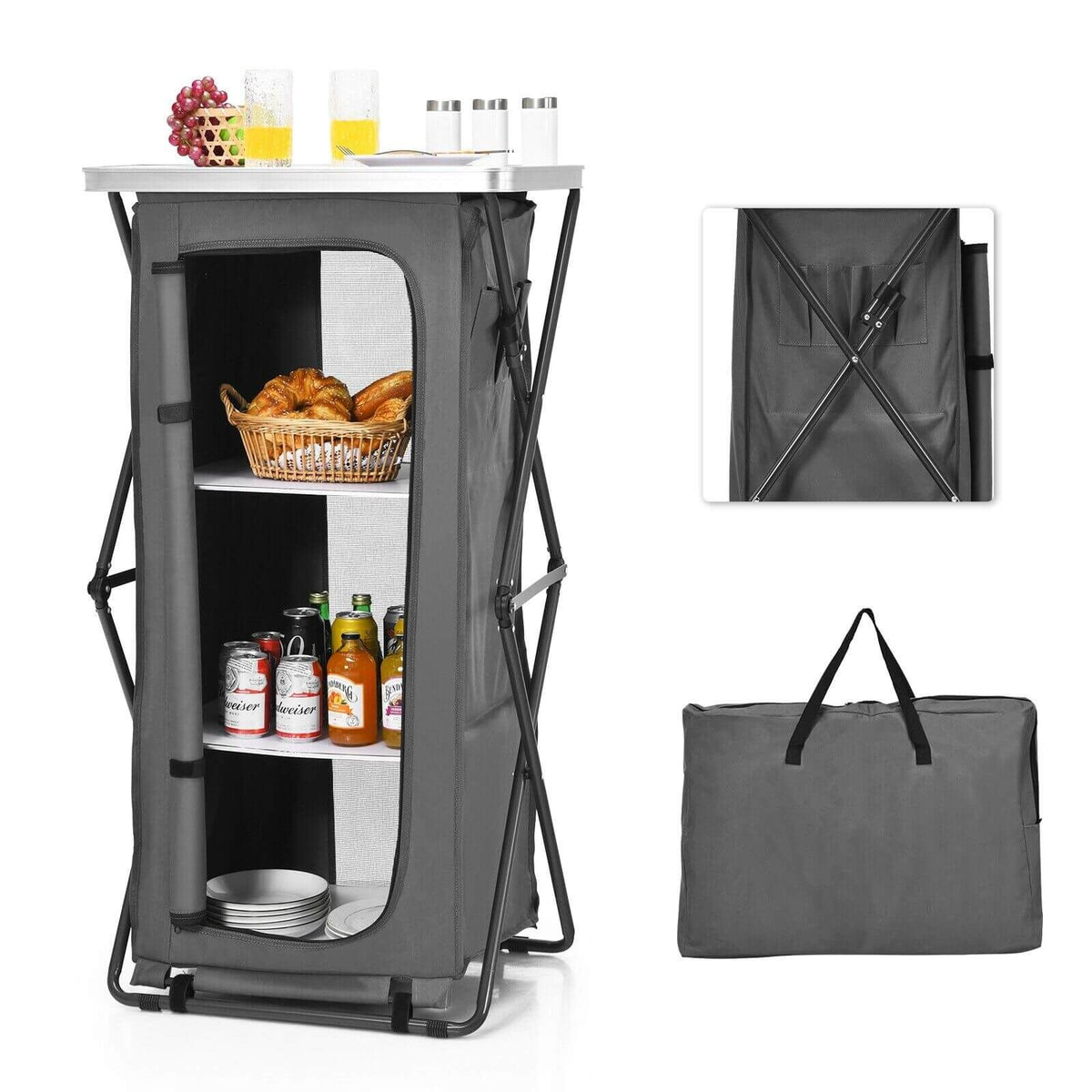 3-Tier Folding Camping Storage Cabinet with Side Pockets and Carry Bag