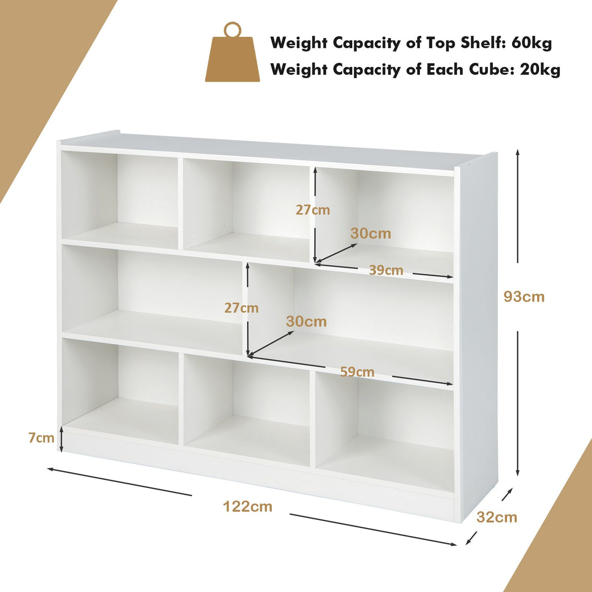 3-Tier Wooden Cube Bookcase with 8 Compartments