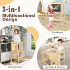 SEDOL 3-in-1 Montessori Convertible Learning Tower & Weaning Table with Integrated Chalkboard – Solid Wood Foldable Kitchen Helper Stool with A-Frame Stability – 60kg Capacity