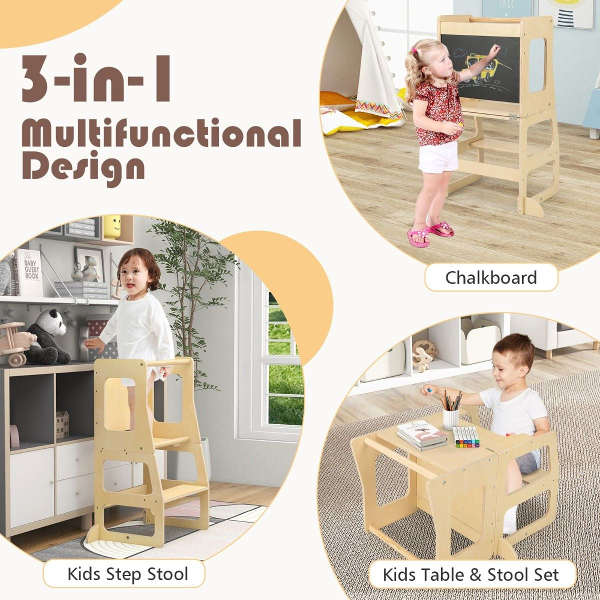 SEDOL 3-in-1 Montessori Convertible Learning Tower & Weaning Table with Integrated Chalkboard – Solid Wood Foldable Kitchen Helper Stool with A-Frame Stability – 60kg Capacity