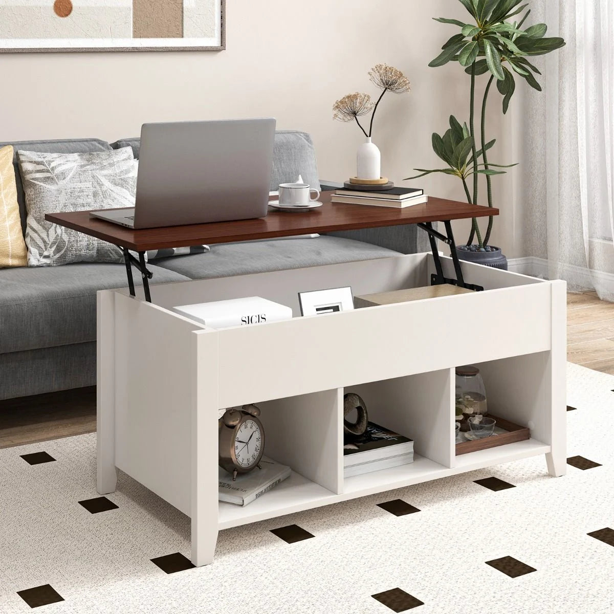 Rising Center Table with Lift Top Hidden Compartment