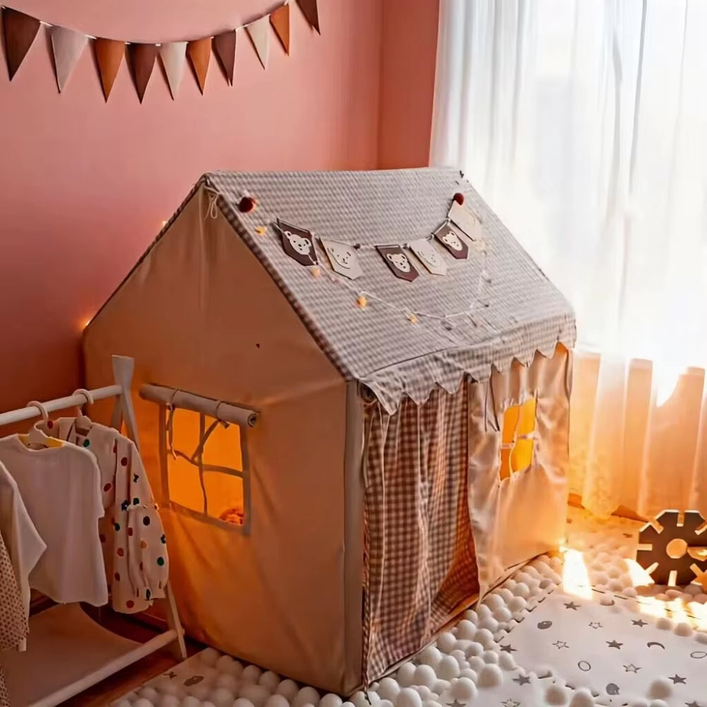 SEDOL Kids Play Tent Indoor Playhouse with LED Star Lights Large Folding Princess Castle Reading Nook and Secret Hideaway for Boys & Girls Beige