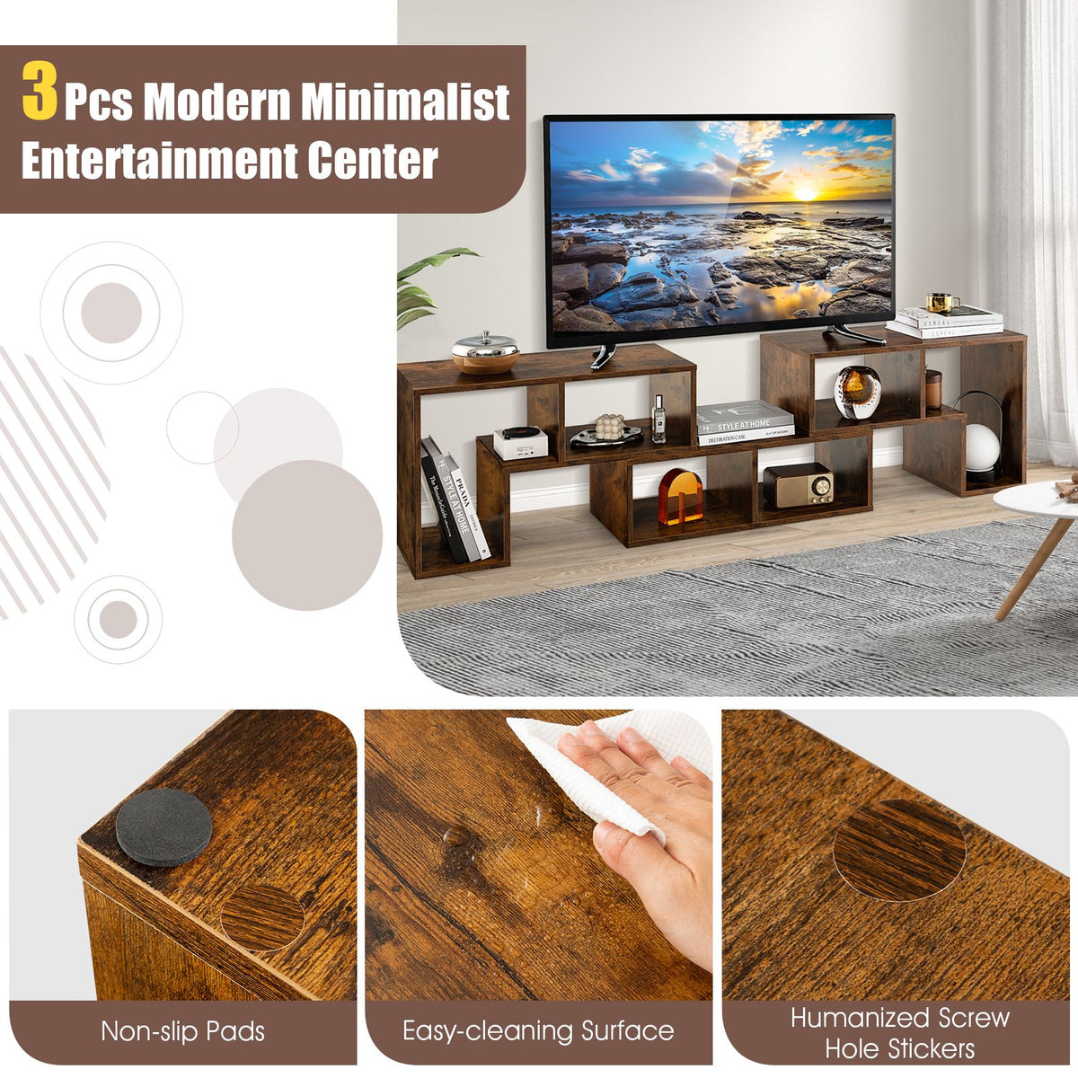 3 Pieces Convertible TV Stand for Tvs up to 65 Inches