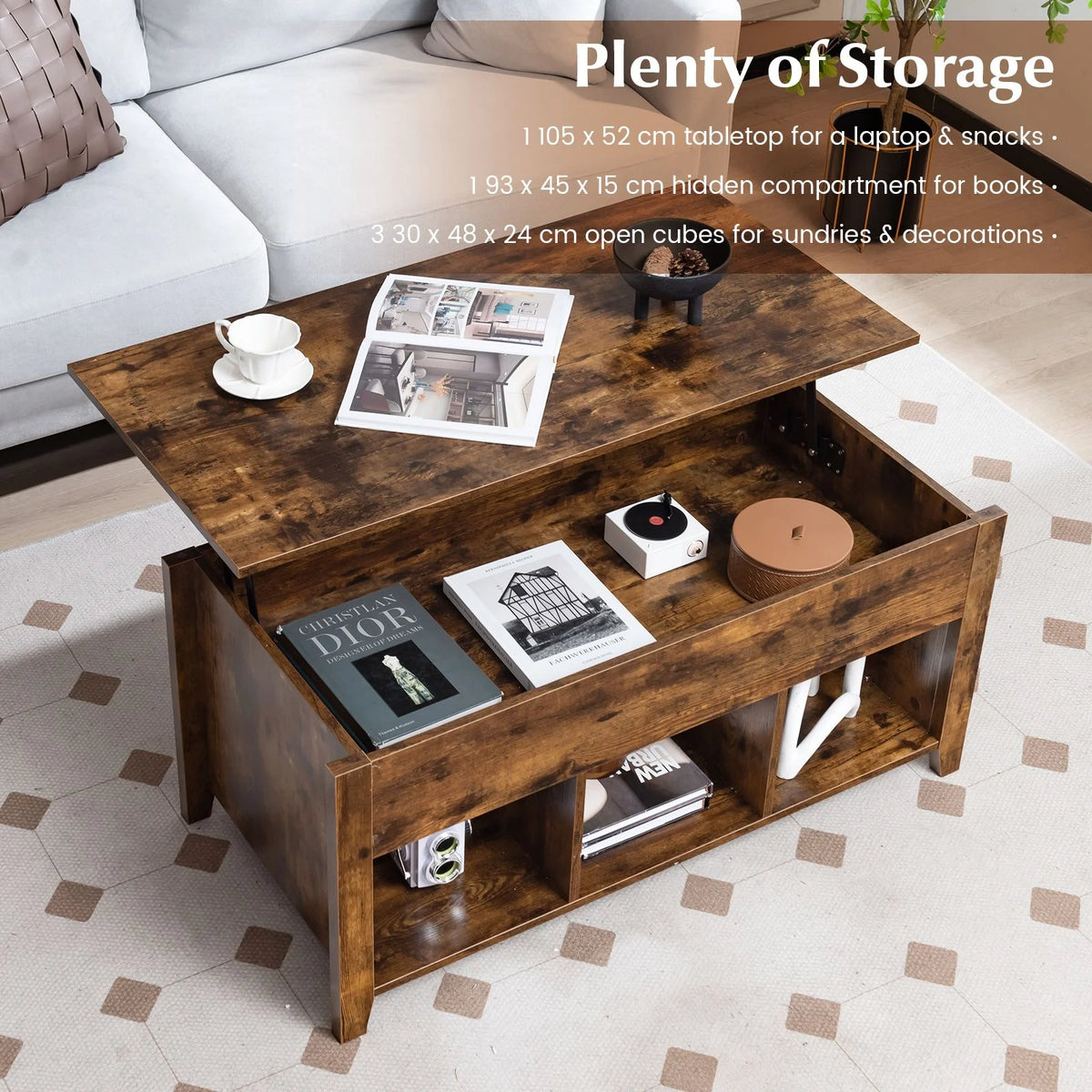 Rising Center Table with Lift Top Hidden Compartment