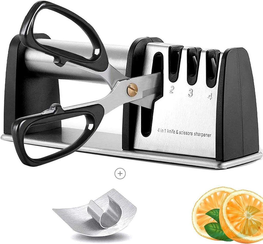 SEDOL 4-in-1 Professional Knife and Scissor Sharpener | Diamond Tungsten and Ceramic 4-Stage Sharpening System | Ergonomic Manual Kitchen Sharpener with Safety Finger Guard and Non-Slip Base