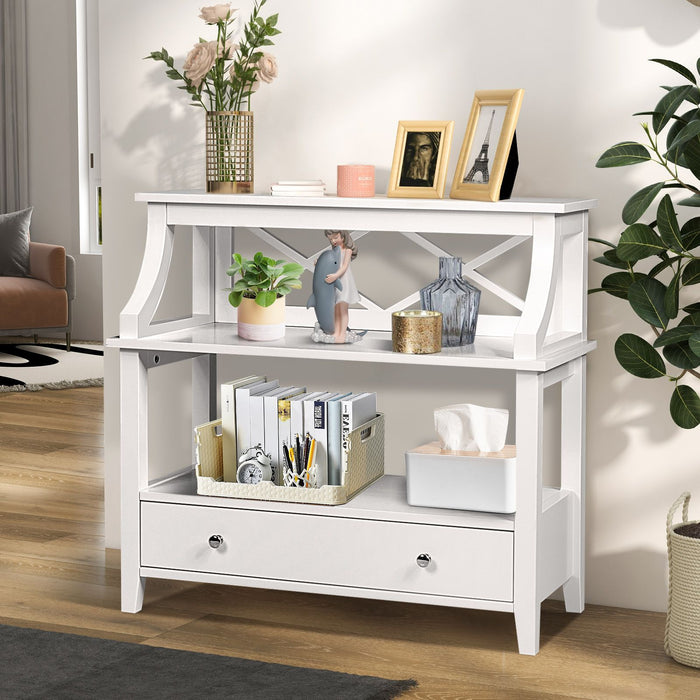 3-Tier X-Shaped Console Table with Drawer and Open Storage Shelves