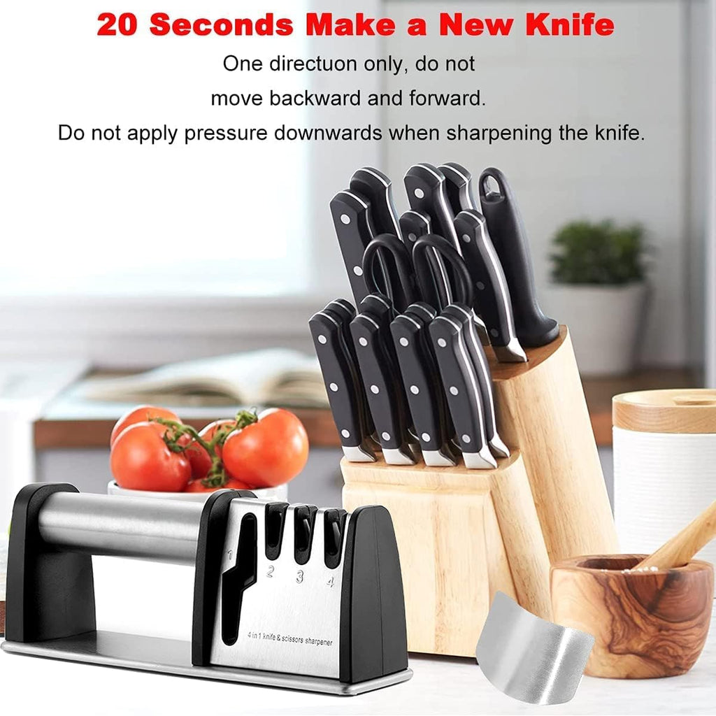 SEDOL 4-in-1 Professional Knife and Scissor Sharpener | Diamond Tungsten and Ceramic 4-Stage Sharpening System | Ergonomic Manual Kitchen Sharpener with Safety Finger Guard and Non-Slip Base