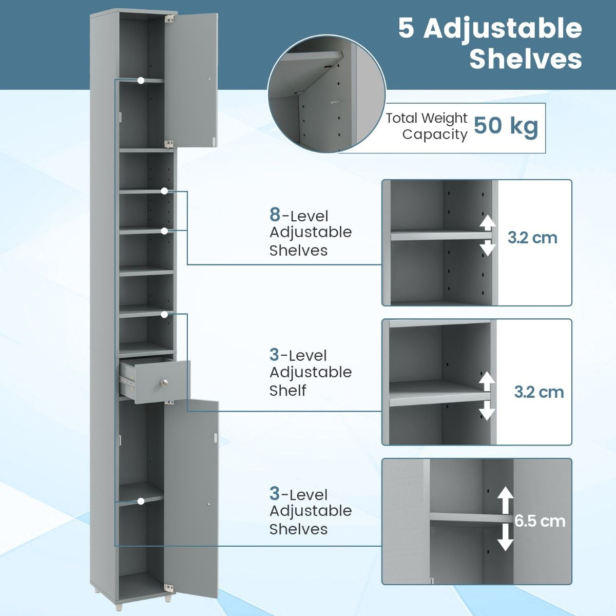 180CM Tall Freestanding Bathroom Cabinet with 2 Doors and 1 Drawer