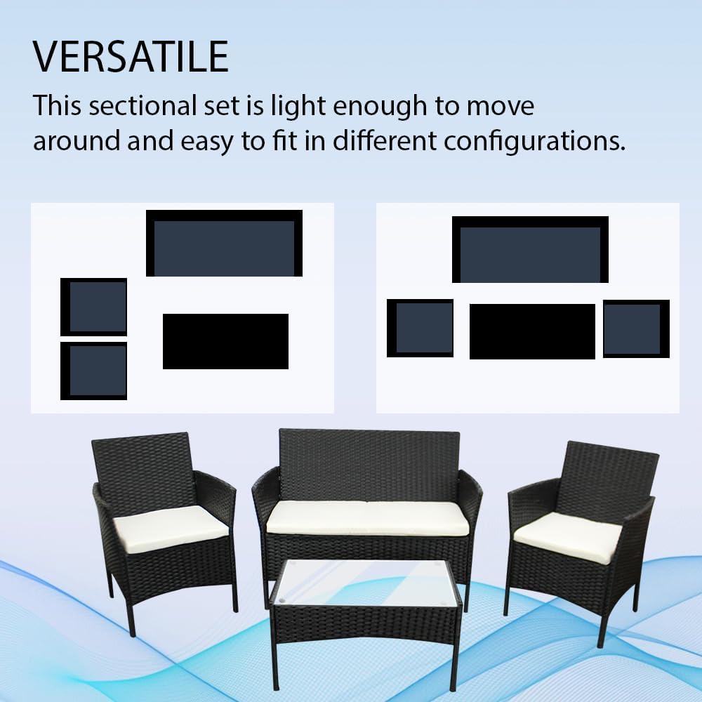 SEDOL 4-Piece Rattan Garden Furniture Sofa Set with Tempered Glass Coffee Table and 2 Armchairs Wicker Outdoor Patio Set with Water-Resistant Beige Cushions for Garden Balcony and Conservatory