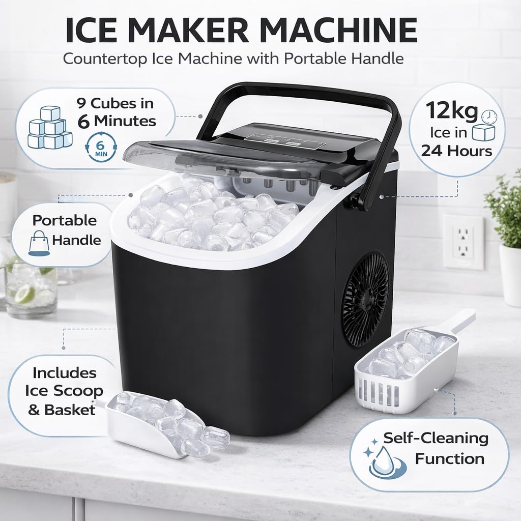 SEDOL Countertop Ice Maker Machine 12kg Quick Portable Ice Machine with Self Cleaning Function 9 Bullet Cubes in 6 Minutes with Handle Scoop and Basket Small and Large Ice Sizes