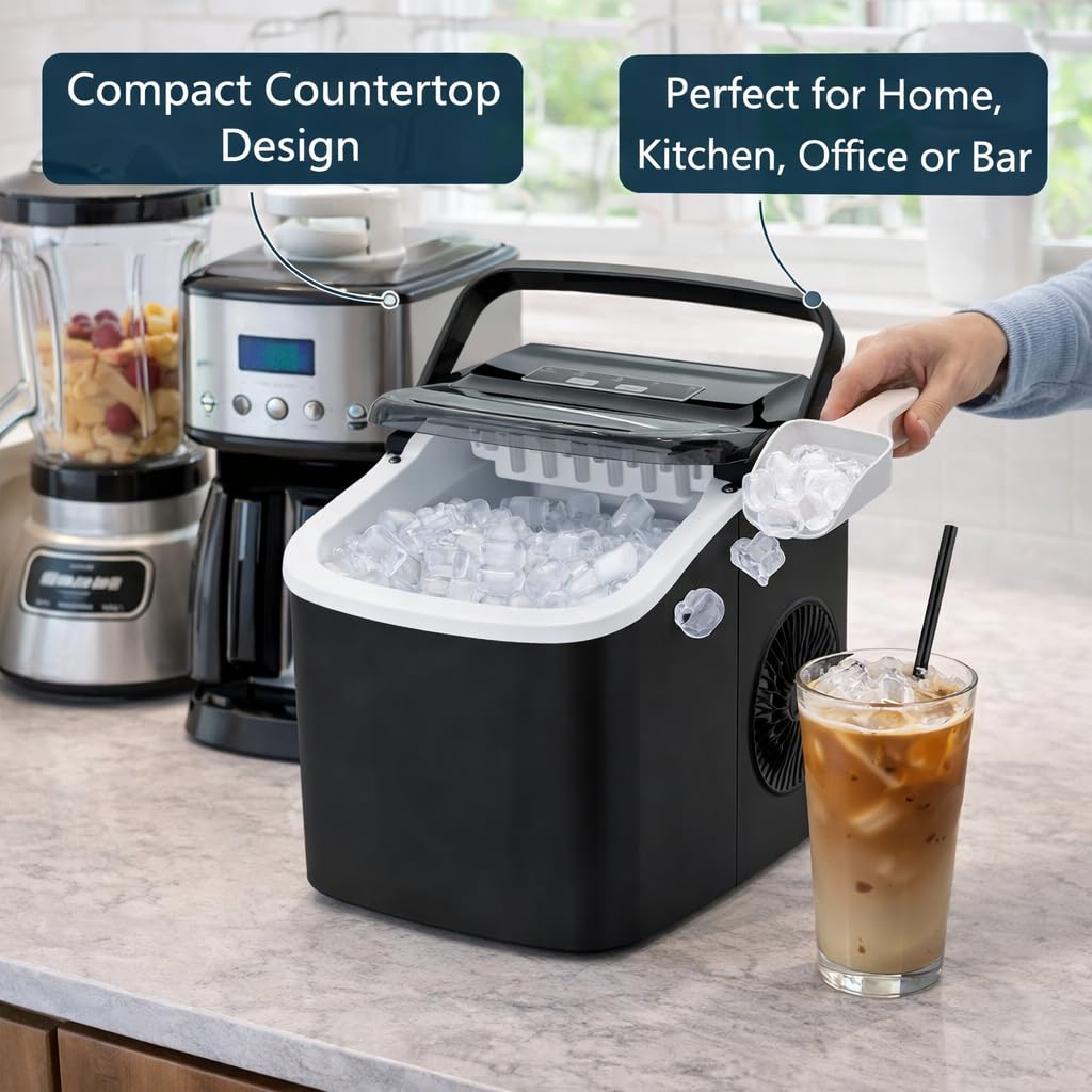 SEDOL Countertop Ice Maker Machine 12kg Quick Portable Ice Machine with Self Cleaning Function 9 Bullet Cubes in 6 Minutes with Handle Scoop and Basket Small and Large Ice Sizes