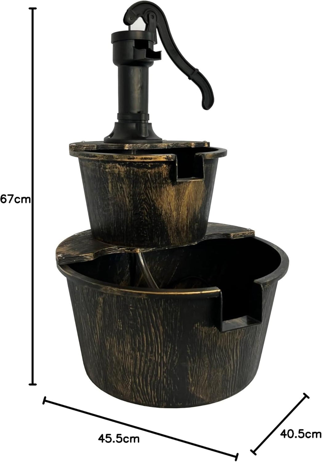 SEDOL 2-Tier Cascading Barrel Water Feature | Rustic Wood-Effect Garden Fountain with Bronze Pump | Self-Contained Mains Powered Outdoor Water Ornament for Patios and Balconies