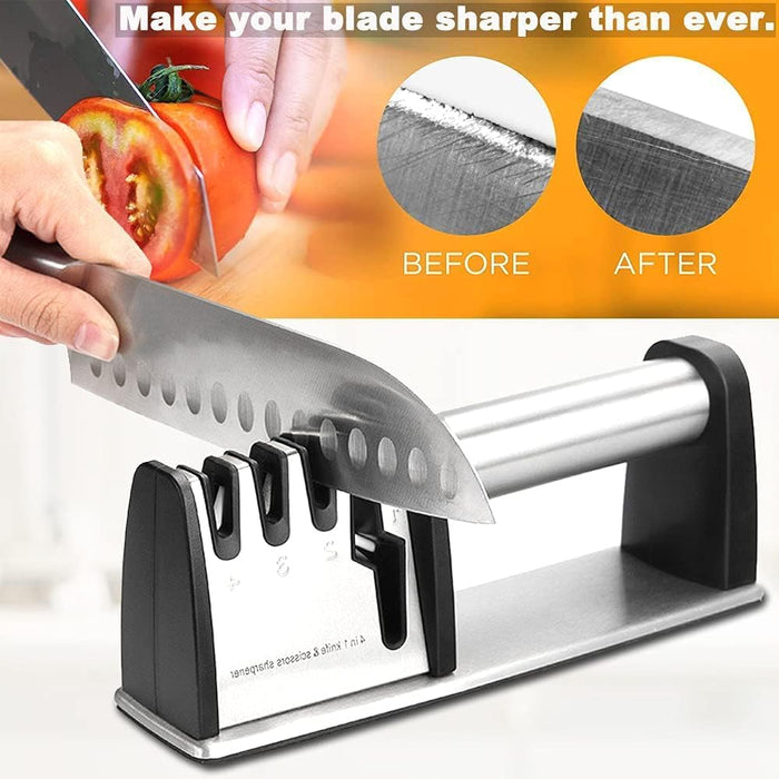 SEDOL 4-in-1 Professional Knife and Scissor Sharpener | Diamond Tungsten and Ceramic 4-Stage Sharpening System | Ergonomic Manual Kitchen Sharpener with Safety Finger Guard and Non-Slip Base