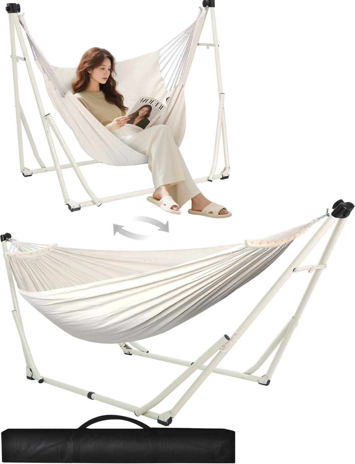 SEDOL 2-in-1 Hammock & Hanging Chair with Foldable Stand | Portable Freestanding Steel Frame Set | Heavy-Duty 200kg Capacity | Breathable Cotton Blend Hammock & Swing Chair for Indoor and Outdoor Relaxation