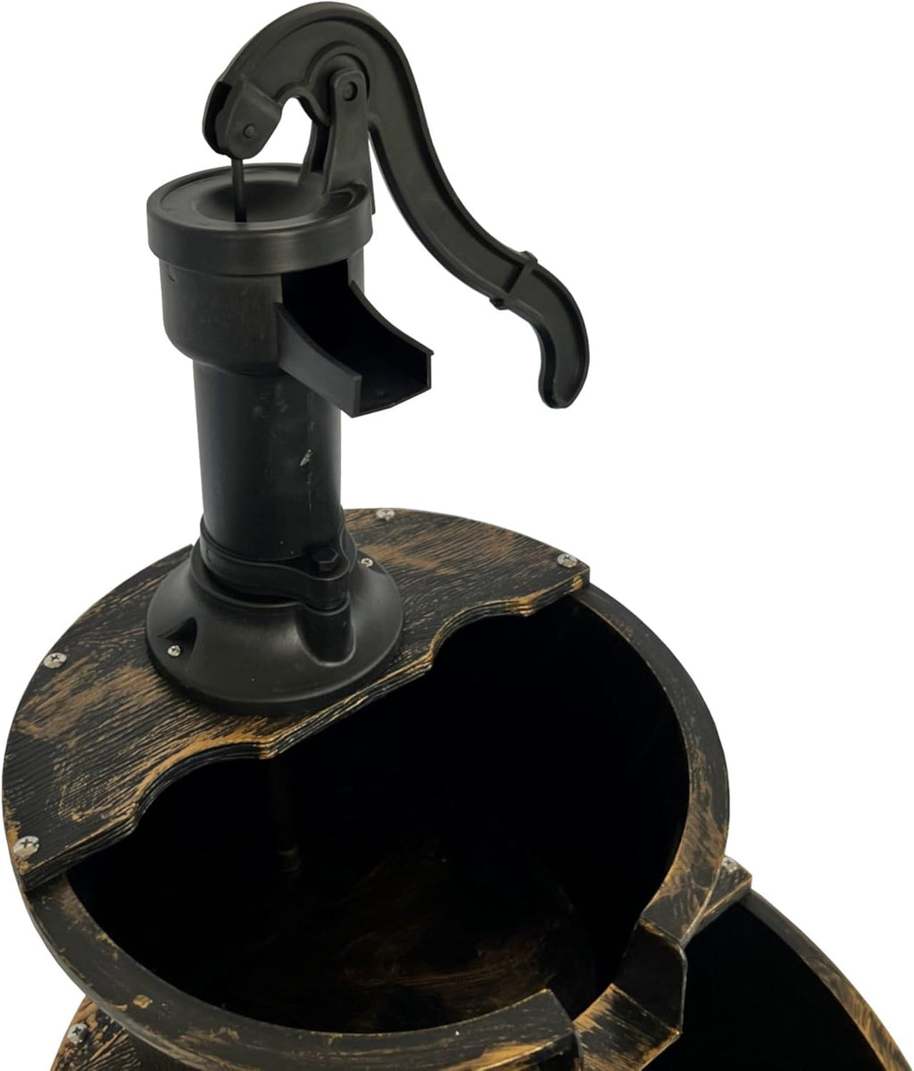 SEDOL 2-Tier Cascading Barrel Water Feature | Rustic Wood-Effect Garden Fountain with Bronze Pump | Self-Contained Mains Powered Outdoor Water Ornament for Patios and Balconies