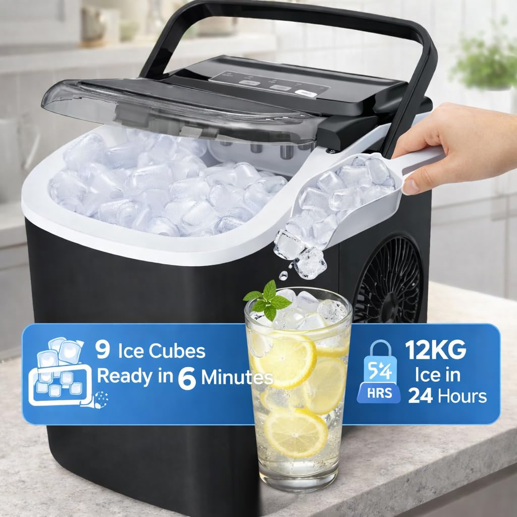 SEDOL Countertop Ice Maker Machine 12kg Quick Portable Ice Machine with Self Cleaning Function 9 Bullet Cubes in 6 Minutes with Handle Scoop and Basket Small and Large Ice Sizes