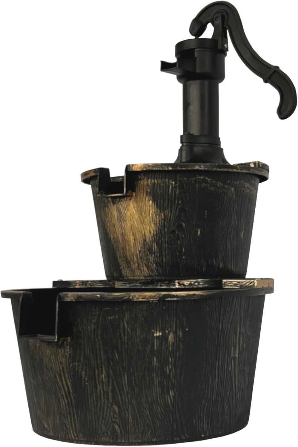 SEDOL 2-Tier Cascading Barrel Water Feature | Rustic Wood-Effect Garden Fountain with Bronze Pump | Self-Contained Mains Powered Outdoor Water Ornament for Patios and Balconies