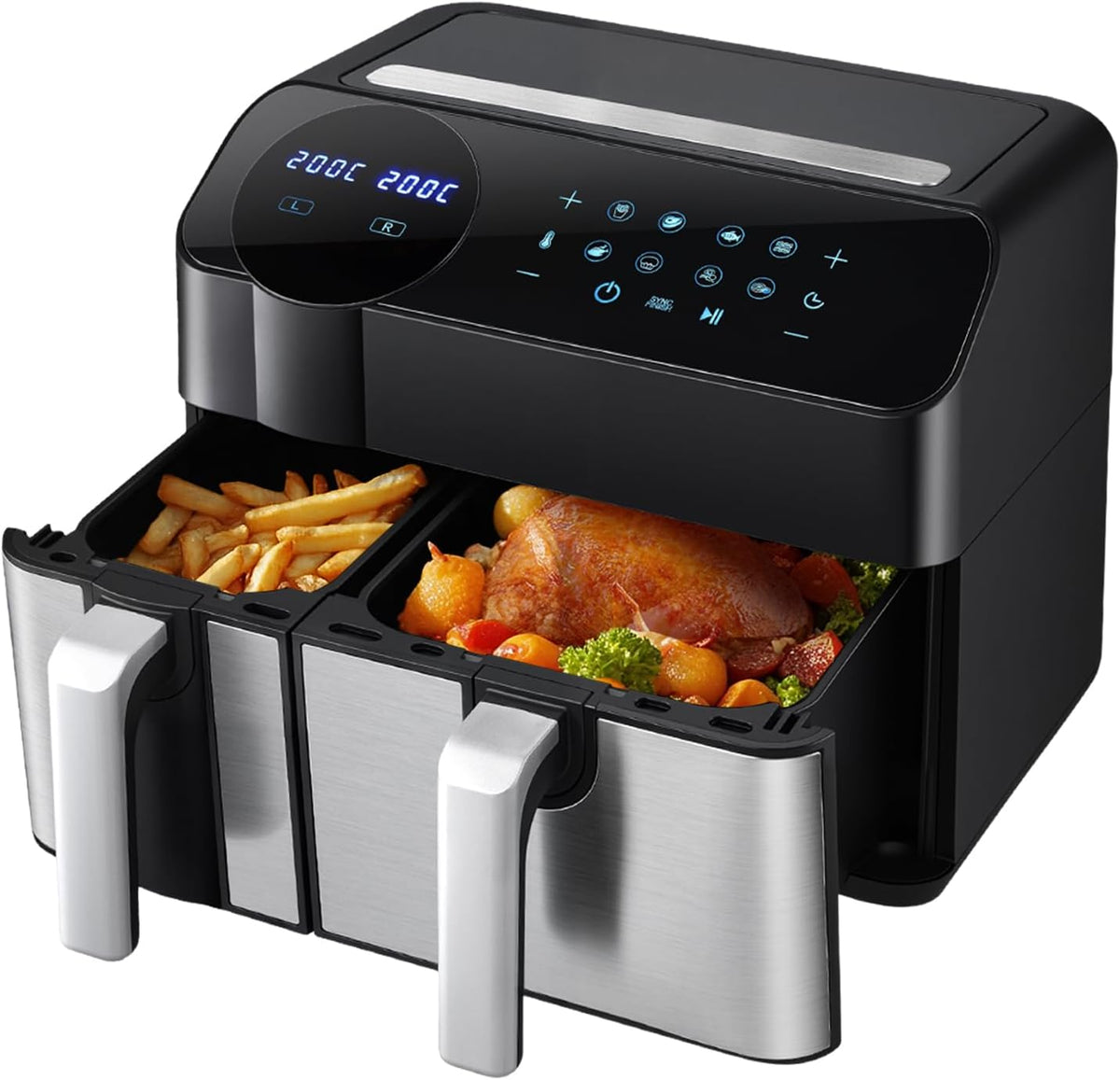 SEDOL 9.5L Dual Zone Air Fryer XXL 2400W Energy Saving Double Basket Digital Airfryer with Smart Sync Finish 8-in-1 Presets for Roasting Baking and Dehydrating Oil-Free Healthy Multi-Cooker